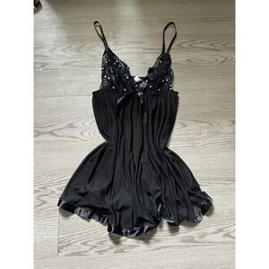Black Lace Sequin Babydoll Chemise Nightgown Sheer Mesh Satin Trim Womens Medium
